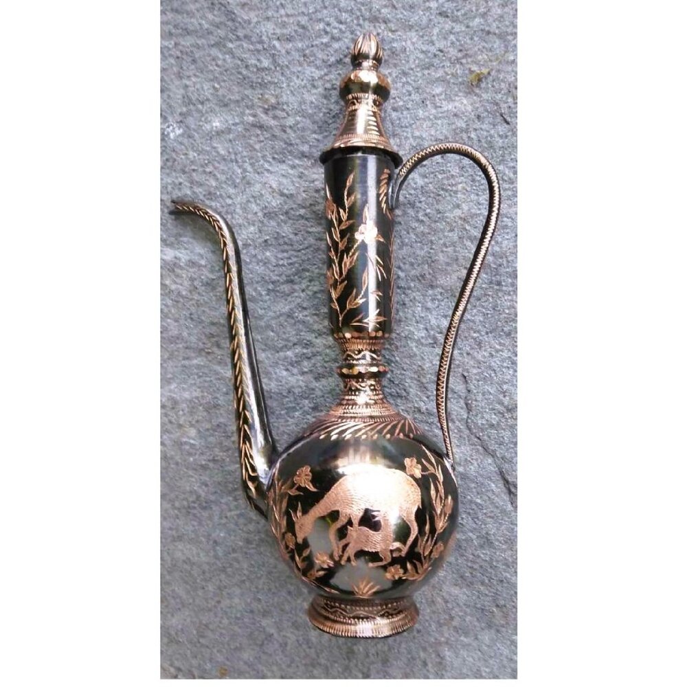 Etched Copper Black Enameled Small Middle Eastern Decorative Ewer/ Vase